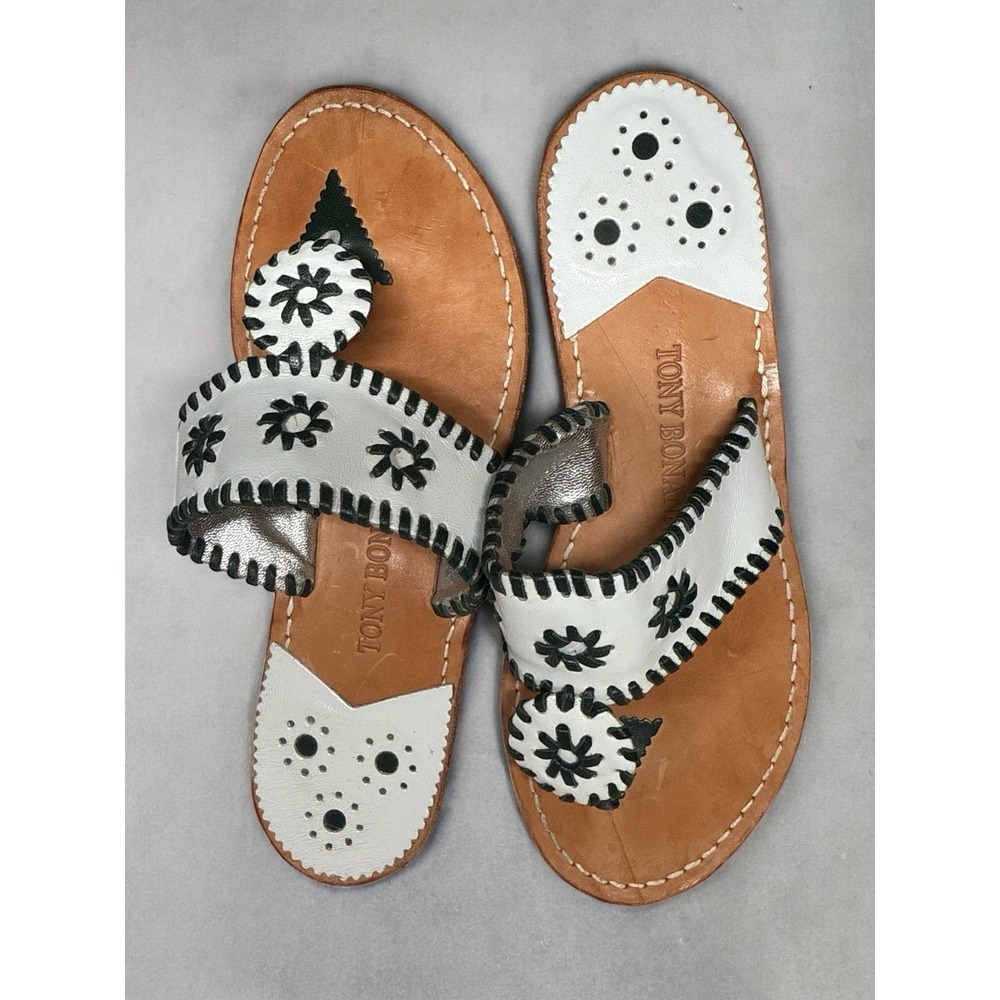 Bonanno All Leather Palm Beach Sandals Black and White Women's Size 8